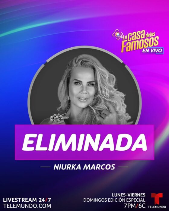 imagen que anuncia que Niurka Marcos fue eliminada del reality show la casa de los famosos