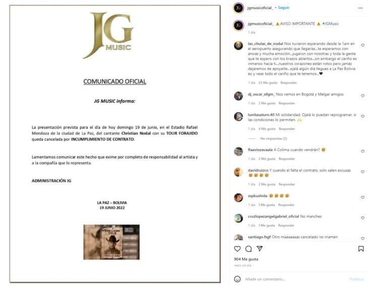 Comunicado de JG Music 