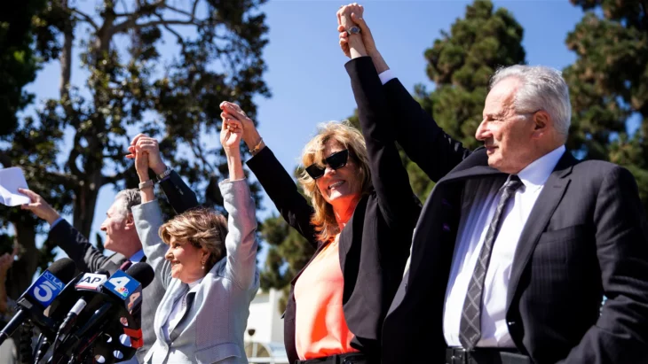 Judy Huth and her legal team outside the courthouse in Santa Monica, California 