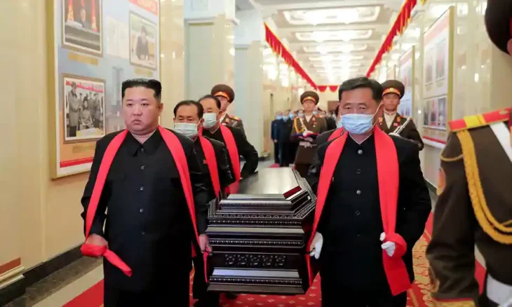 Kim Jong Un and North Korean authorities carrying a coffin 