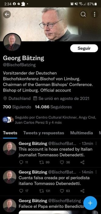 Tuit falso de muerte de Joseph Ratzinger, el Papa Emérito Benedicto XVI
