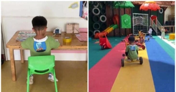 imagen comparativa que muestra a un niño en China que fue abandonado por su padre 
