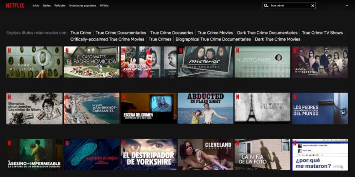 captura de pantalla que muestra los documentales true crime en Netflix 
