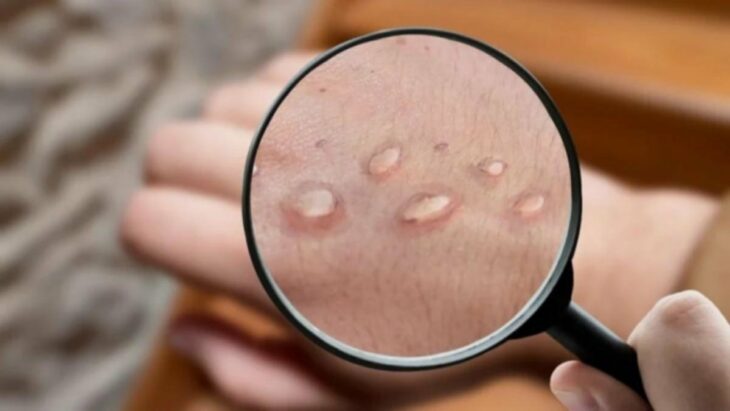 hand with a magnifying glass on it showing monkeypox marks