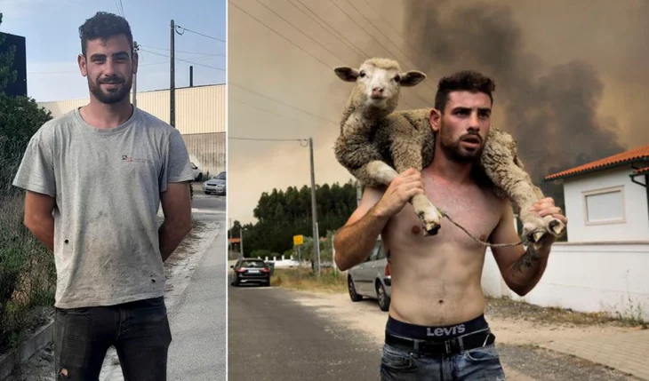 João Paulo Ruivo rescatando a una oveja de incendio en Portugal 