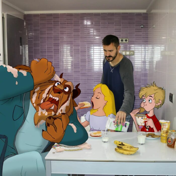 Alicia, Bestia y Arthur tomando el desayuno a lado de un hombre 