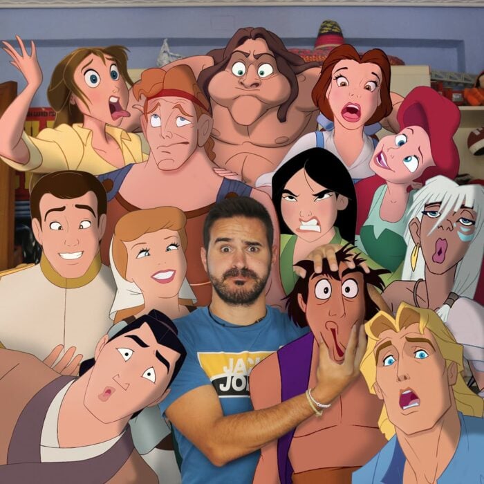 selfie de un hombre acompañado de varios personajes de Disney haciendo muecas 