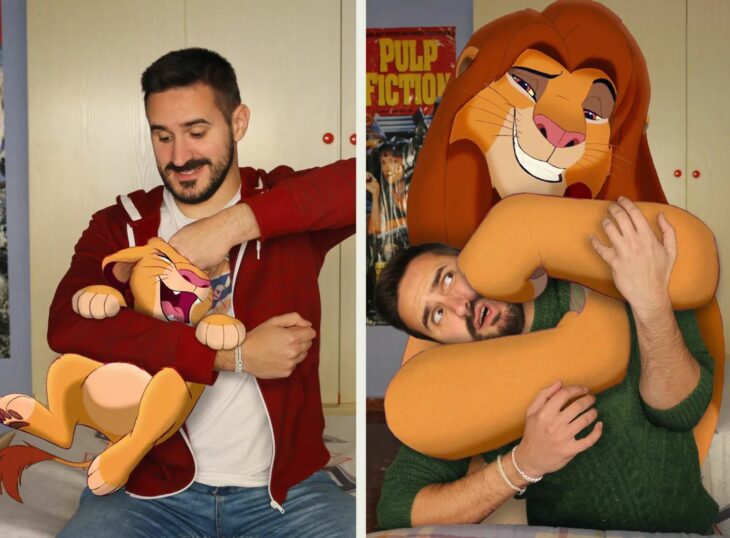 hombre photoshopeado con simba de bebé vs de grande 