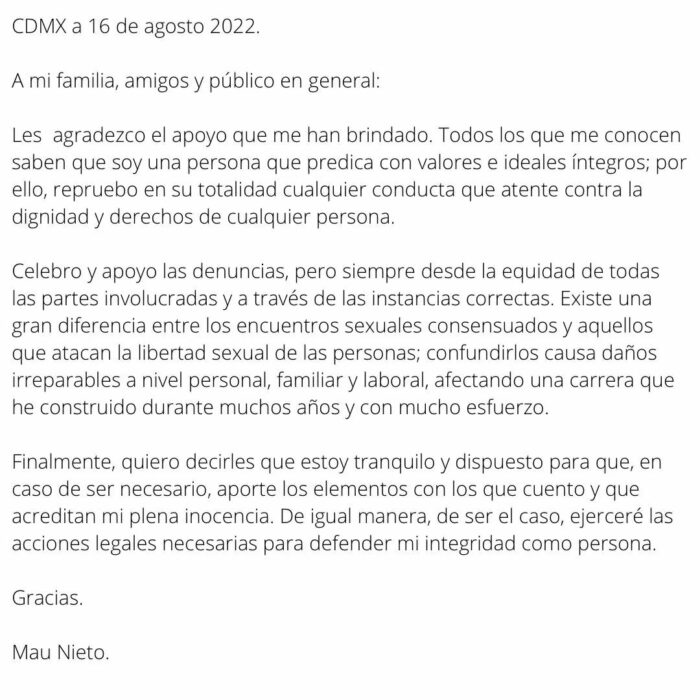 comunicado de Mau Nieto