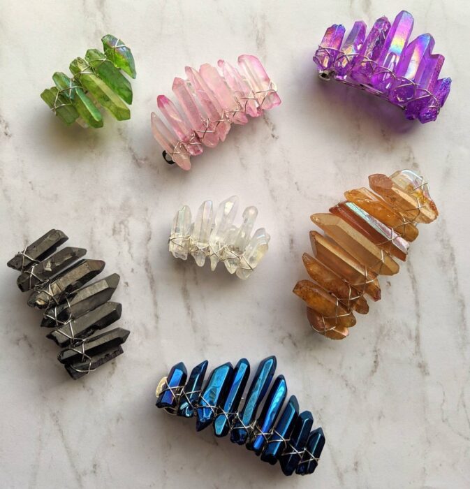 hair clips made with quartz in different sizes and colors 