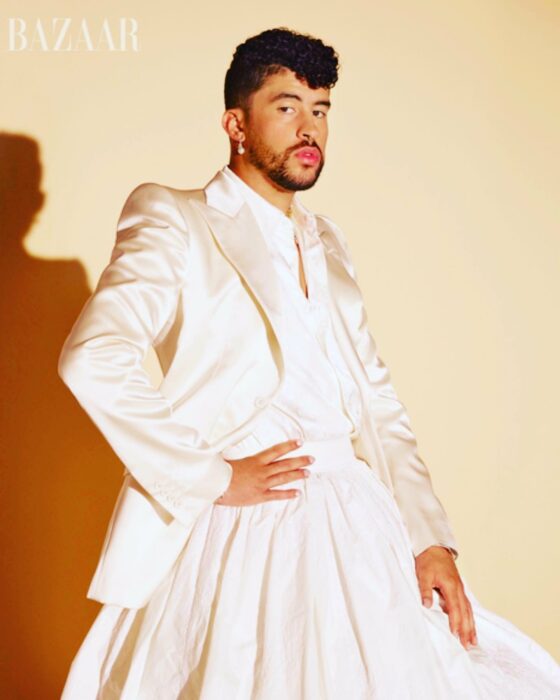 Bad Bunny posed wearing a wedding dress 