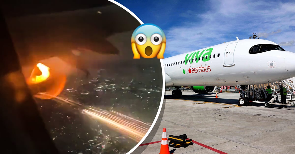 Panic!  An airplane turbine catches fire in mid-flight and passengers record it