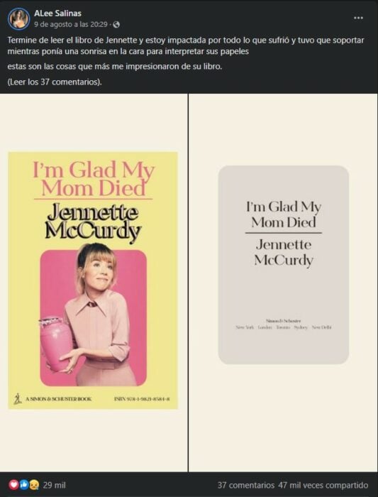 captura de pantalla de una publicación en Facebook sobre el libro de Jennette McCurdy 
