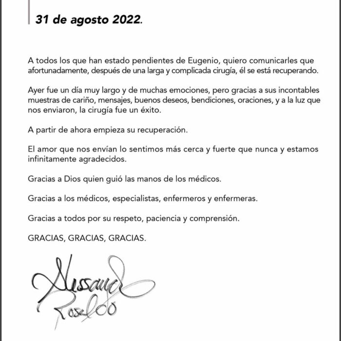 Eugenio Derbez se recupera tras una 'larga y complicada cirugía'