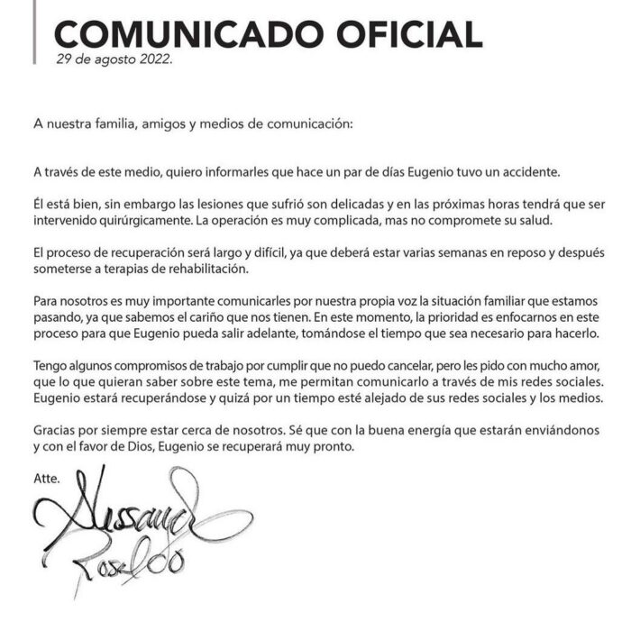 Comunicado de prensa de Alessandra Rosaldo al respecto de la salud de Eugenio Derbez 