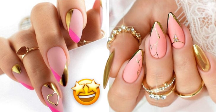 14 Ideas para llevar una manicura rosa y dorada con glamur
