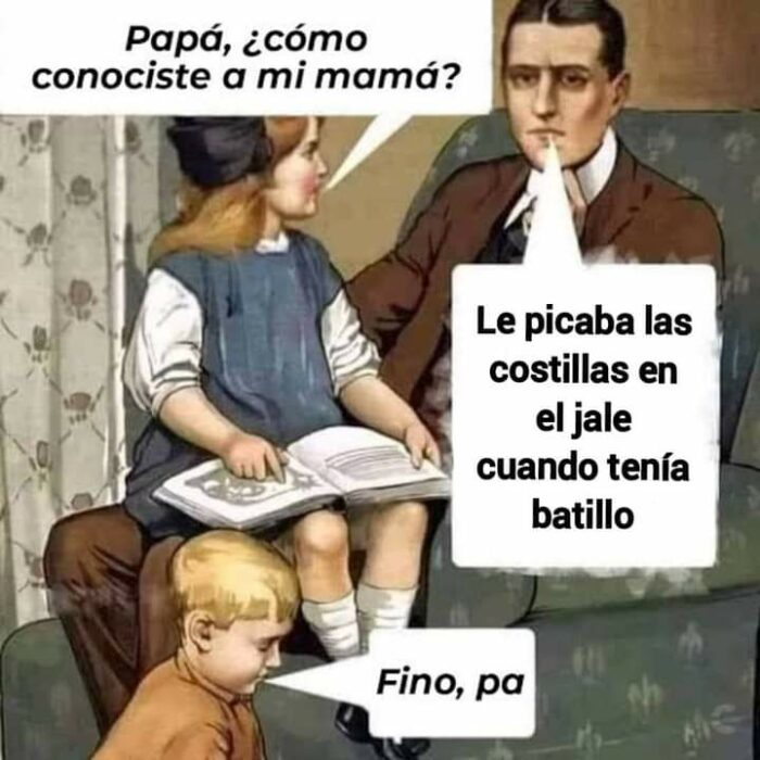 meme del piquete de costillas de unos niños con su papá preguntándole como conocieron a su mamá 