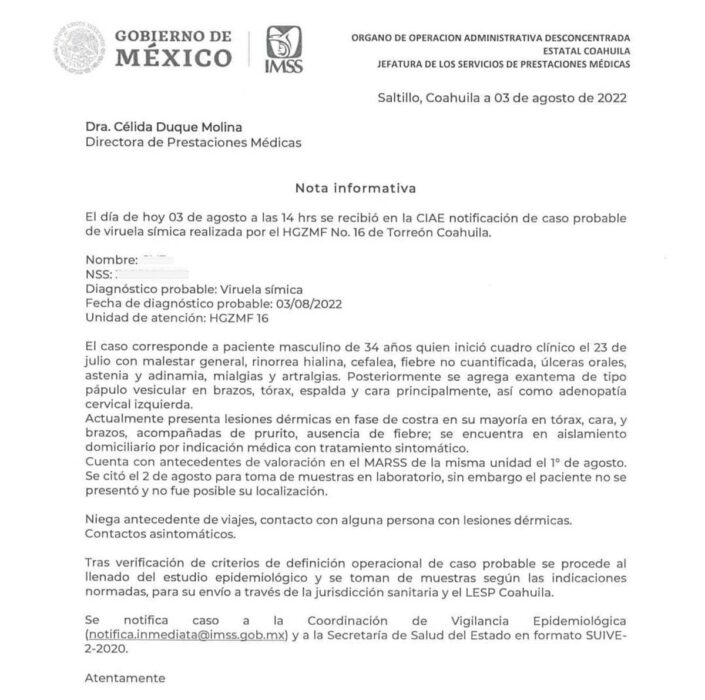 informe médico del posible primer paciente con viruela del mono en Torreón 