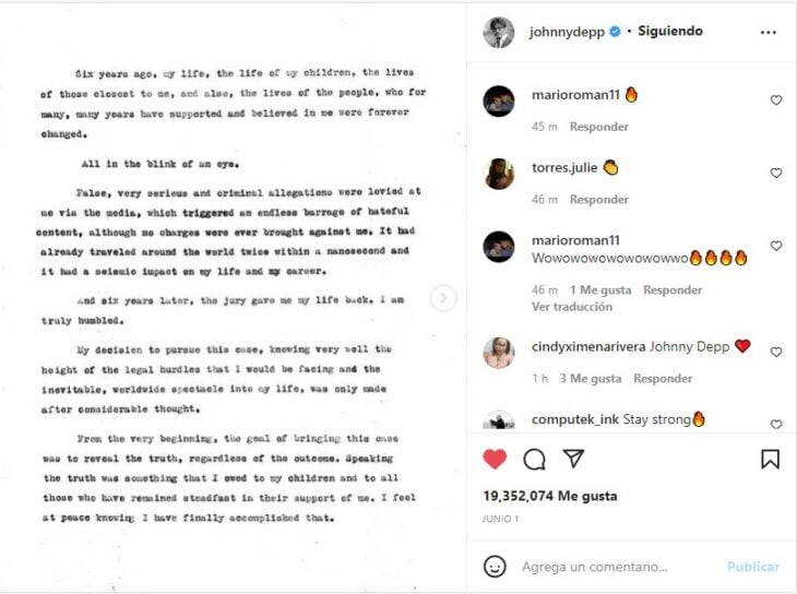 captura de pantalla de la publicación de Johnny Depp tras su victoria contra Amber 