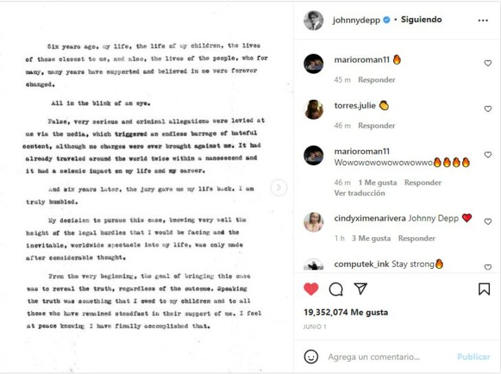 screenshot of Johnny Depp's post after his win against Amber 