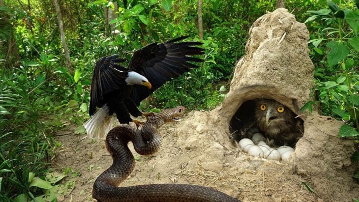 águila devorando una serpiente salvando así a los huevos de las crías de búho 
