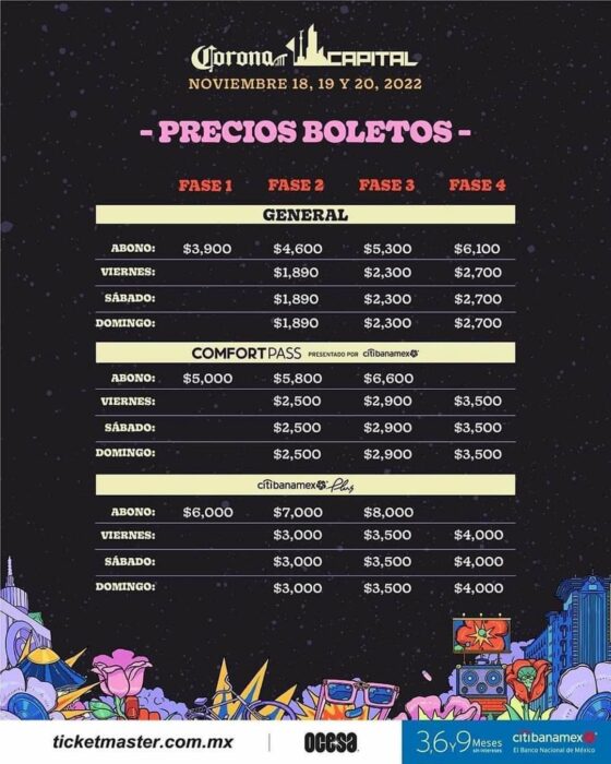 Cartel con los precios de boletos para el Corona Capital 2022