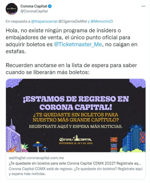 captura de pantalla de un tuit del Corona Capital donde asegura no hay reventa de boletos 