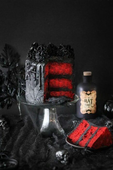 black cake with spider web