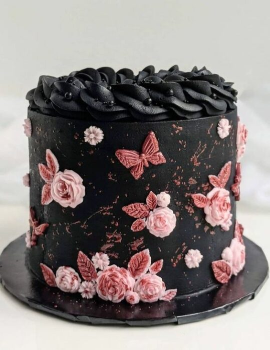 black cake with butterflies