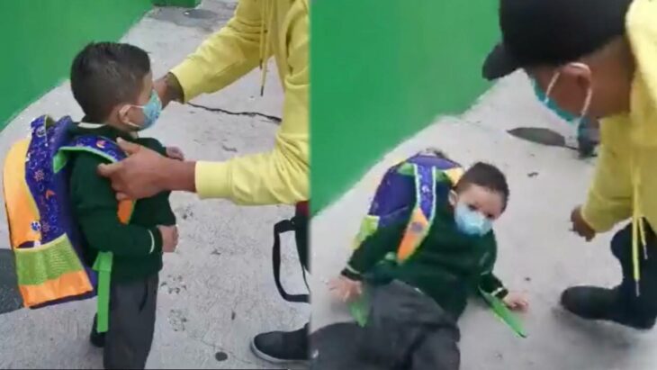 niño se cae, no puede con el peso de la mochila