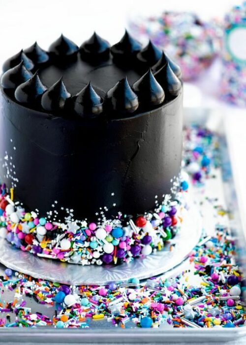 black cake with colored sprinkles