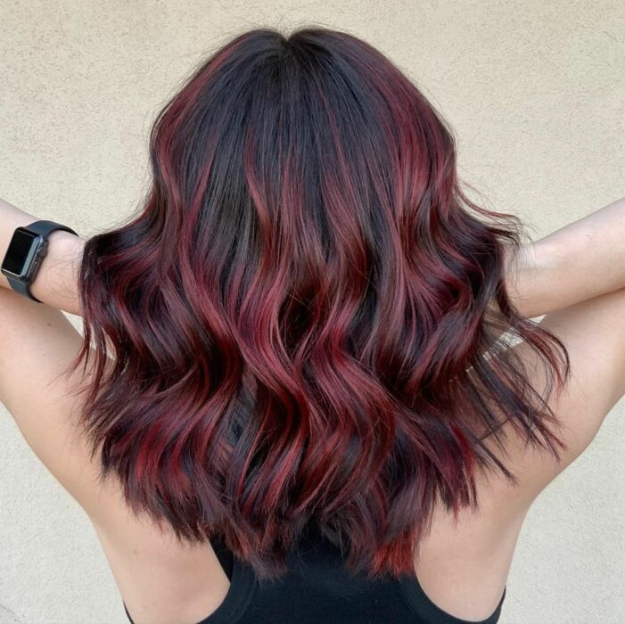 girl from behind wearing wine-colored highlights combined with her natural color 