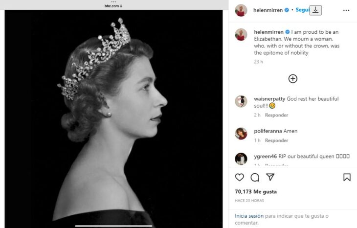 Screenshot of Hellen Mirren's condolences on the death of Queen Elizabeth ll 