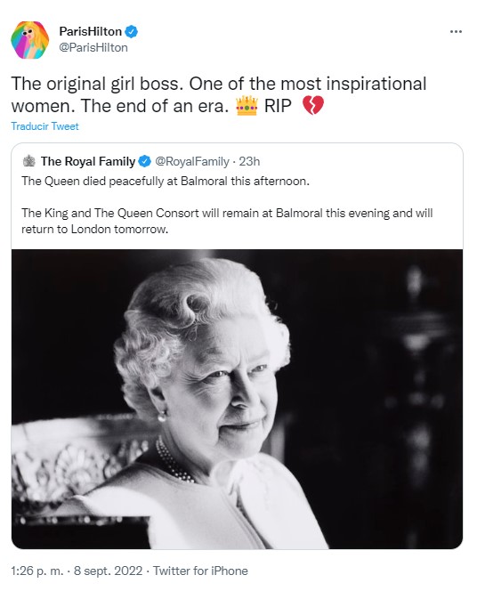 Tweet of condolences from Paris Hilton after the death of Queen Elizabeth ll 