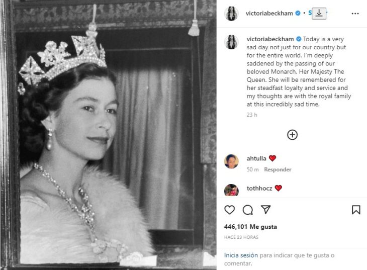 message of condolences to the family of Queen Elizabeth ll from Victoria Beckham 