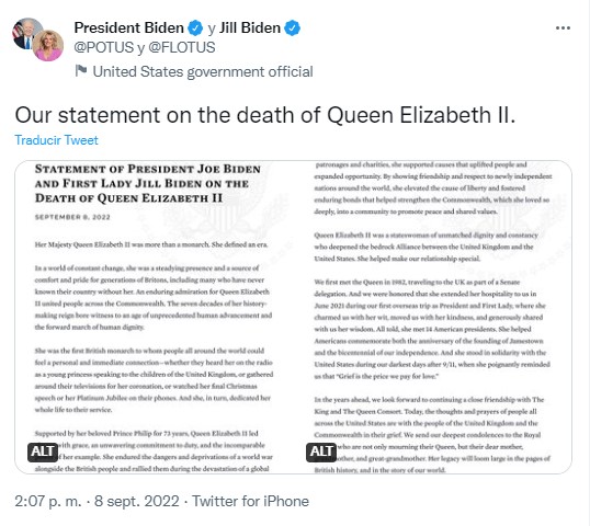 mensaje de la muerte de la reina Isabel de Joe Biden 