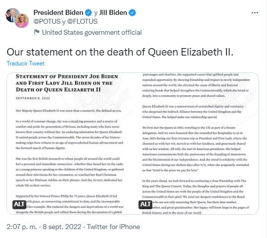 Joe Biden's Queen Elizabeth death message 