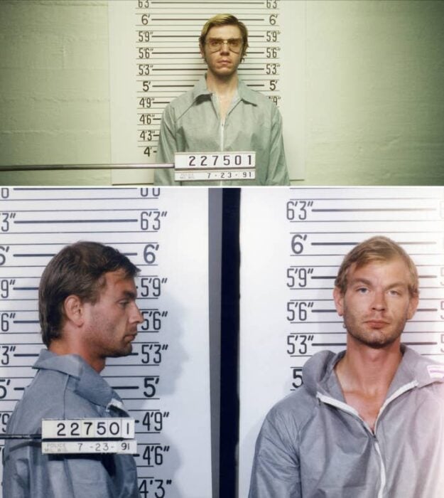 Evan Petrs next to photos of the real Jeffrey Dahmer 
