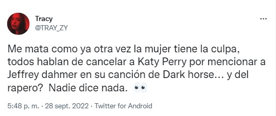 Tuit de una chica hablando sobre el tema de Katy Perry donde menciona a Jeffrey Dahmer 