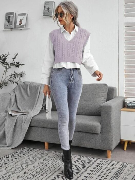lilac vest; Ideas to wear vests and not look like a grandpa