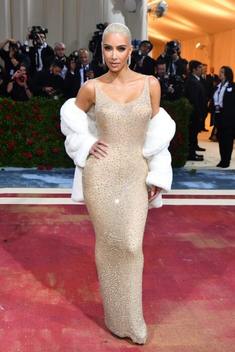 Kim Kardashian posing in Marilyn Monroe's dress at the 2022 Met Gala