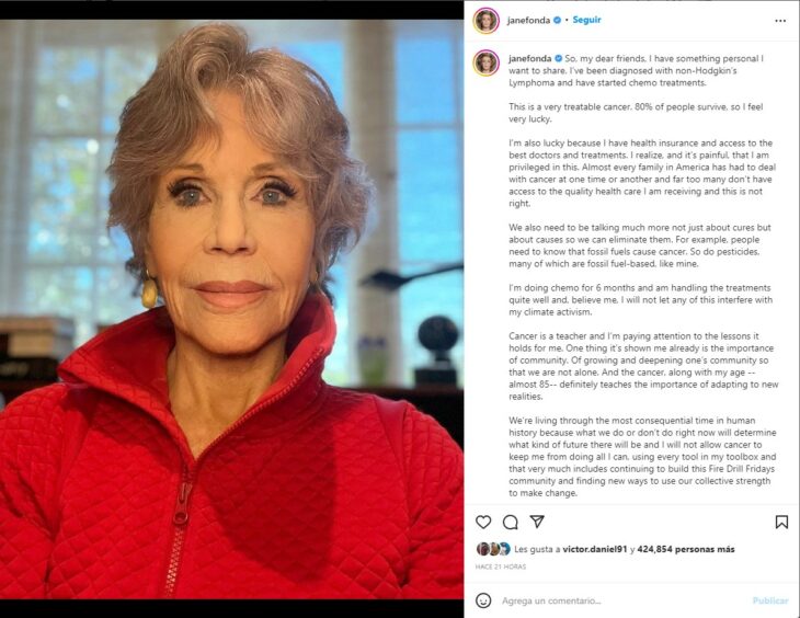 Captura de pantalla de una publicación de Jane Fonda 