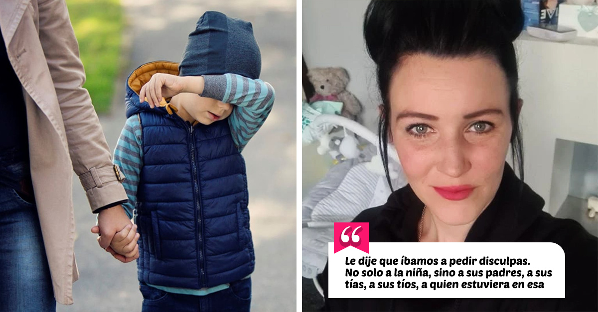 Disculparse Mamá lleva a su hijo a disculparse con la niña que insultó