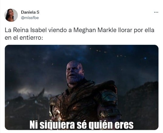 meme de Thanos con el tema de Meghan llorando en el funeral de la reina Isabel ll 