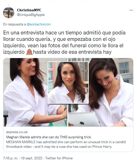 meme de Meghan Markle diciendo que ella es experta en llorar con el ojo izquierdo 