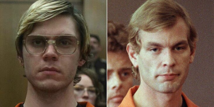 imagen comparativa del actor Evan Peters junto al asesino serial Jeffrey Dahmer