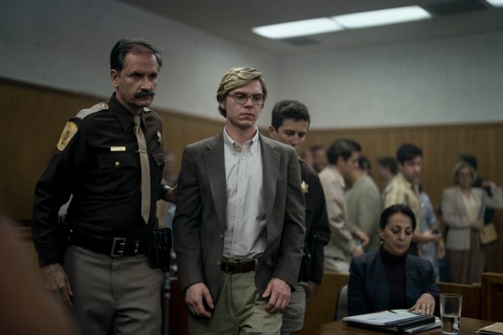 scene from the Netflix miniseries about the story of Jeffrey Dahmer in court being tried