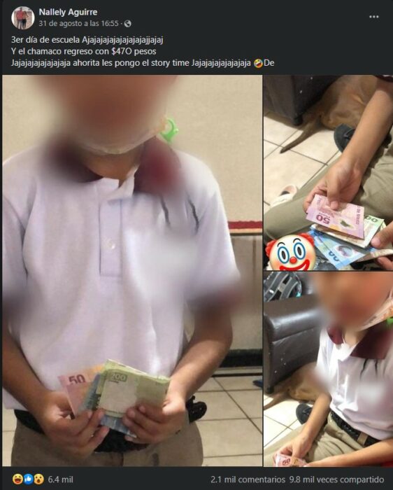 captura de pantalla de una publicación en Facebook de un niño que volvió con 500 pesos de la escuela 