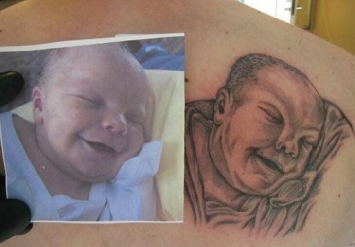 comparative image of the photo of a baby next to the poorly done tattoo 