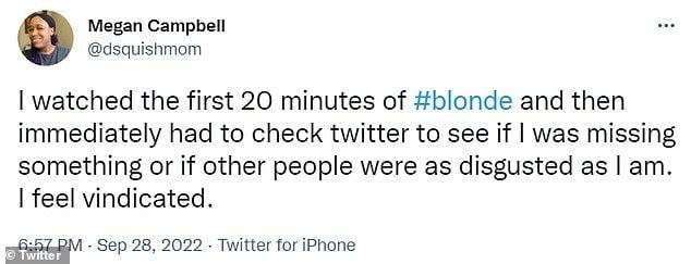 comentario de una persona en Twitter sobre la película de Blonde 